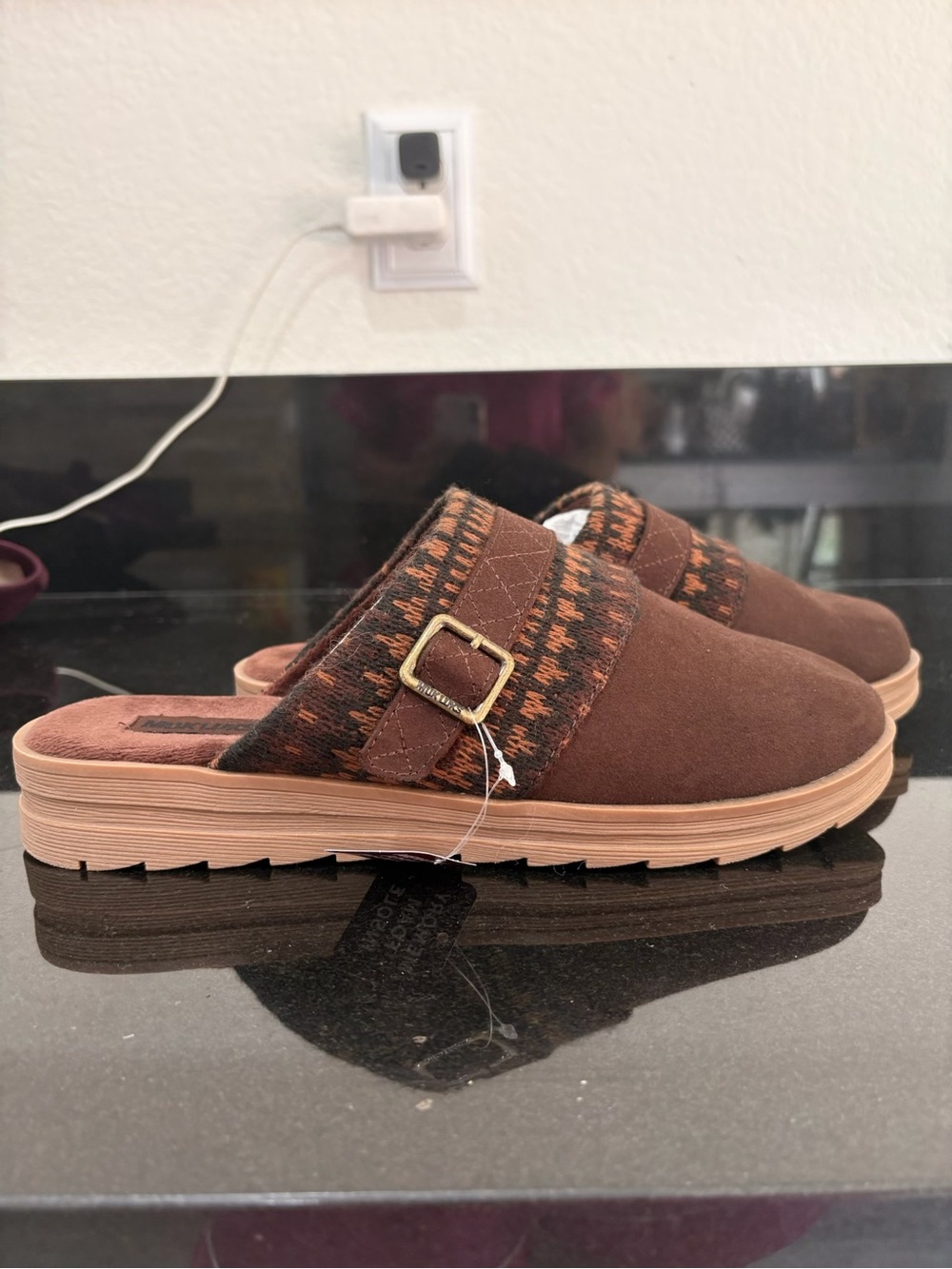 Muk Luks Brown Slip-On Clog Mule with Patterned Knit Strap